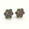Estate 18k Gold Turquoise & Ruby Floral Post Clip Earrings