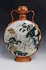 Chinese famille rose on coral red glaze porcelain moon flask vase. Jiaqing Mark.