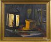 Oil on canvas still life of a top hat, hunting horn, and a lantern, 15 1/2'' x 19 1/2''.