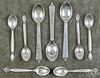 Nine George Jensen sterling silver spoons, six - 3 3/4'' l., three - 4 3/4'' l., 3.9 ozt.