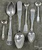 Six assorted coin silver spoons, 19th c., to include two Chaudron's & Rasch master salt spoons