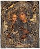 A RUSSIAN ICON OF THE MOTHER OF GOD TROERUCHITSA (THREE-HANDED) WITH GILT SILVER OKLAD, WORKMASTER DMITRY SHELAPUTIN, MOSCOW, 1871