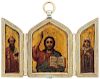 A RUSSIAN SILVER-MOUNTED MINIATURE TRIPTYCH ICON OF CHRIST PANTOCRATOR AND PATRON SAINTS, MOSCOW, 1908-1917