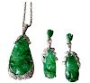 1950s White Gold Diamond Carved Jade Necklace Earrings Set