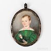 American School, Mid-19th Century  Miniature Portrait of a Child in a Green Dress Holding a Doll