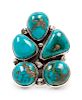 Navajo Silver Ring with Five Turquoise Stones
length 2 x width 1 1/2 inches