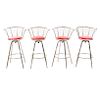 Lote de 4 sillas periqueras. Siglo XX. Elaborados en metal plateado. Con asientos en tapicería sintética color rojo. 100 x 55 cm.