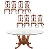 Comedor. Siglo XX. Elaborado en madera enchapada. Consta de: Mesa con cubierta de cristal y 8 sillas. 72 x 180 cm. Ø (mesa)