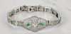 14K white gold diamond emerald filigree bracelet