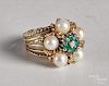 14K yellow gold pearl and emerald flower ring