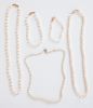 Three pearl necklaces, together with two bracelet