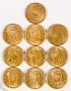 Ten Columbia five peso gold coins