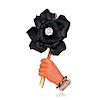 Cartier Art Deco Carved Coral Hand and Enamel Rose Pin