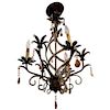 Brass Floral Helix Chandelier w Amber Glass Beads