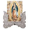 OUR LADY OF GUADALUPE. MEXICO, 20TH CENTURY. Oil on copper (fragment). Fragment of wooden frame with Sterling 0.925 Silver sheet, embossed and decorat