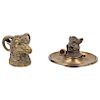 LOT OF INKWELLS. FIRST HALF OF THE 20TH CENTURY. Bronze and brass.  Decorated as a wild boar and as a ram heads. 8 in and 5 in tall.