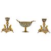 MINIATURE GARNITURE. FRANCE, 19TH CENTURY. gilded bronze with details in champlevé enamel. Decoration with vegetal, floral and geometrical motifs. 5 i