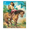 ÁNGEL MARTÍN (MÉXICO, 1932-). MEXICAN WOMAN ON HORSE. Oil on canvas. 37.5 x 32 in 