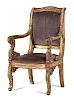 A Regence Style Carved, Painted and Parcel Gilt Fauteuil
Height 38 inches.