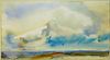 Waterfront Seascape Whispy Sky Watercolor Painting