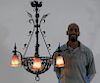 French Art Nouveau Wrought Iron Glass Chandelier