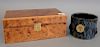 Dunhill burl wood humidor cigar box along with stoneware glaze log form stump pot. humidor ht. 5 3/4 in., top: 8" x 14 1/4", pot ht. 5 in.