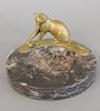 Karl Heynen-Dumont cat bowl having bronze cat playing with a ball on the edge of the granite bowl. dia. 7 in.