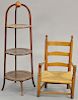Two piece lot to include primitive child's ladder back armchair, ht. 23 in. and three tier mahogany stand, ht. 36 in.
