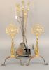 Brass and iron andirons and tools, art nouveau flower style. ht. 20 1/2 in.