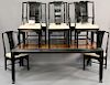 Drexel eleven piece dining set including large table, eight chairs, server and large chinoiserie decorated break front with bevel glass doors, table h