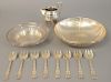 Sterling silver three piece lot to include two bowls, creamer, and 8 dessert forks. 21.5 t oz.