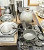Four tray lots of assorted primitive group to include tin candle moulds, cookie molds, pewter plates, pitcher, bowl, crock, etc.