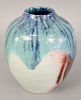 Chilmark pottery vase, red, white and blue glaze. ht. 8 1/2 in.