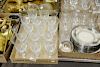 Seven tray lots of glass to include steuben stems, silver overlay plates, set of stemware, etc.