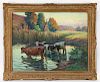 Claude Honore Hugrel "Cattle by River" oil