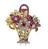 14K Gold Diamond Ruby Floral Basket Brooch Pin