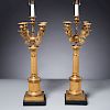 Pair Charles X gilt bronze candelabra lamps