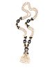 Cultured Pearl, Onyx and Diamond Sautoir Necklace
