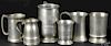 Six pewter measures and tankards, one market Swatow, tallest - 6 1/4''.
