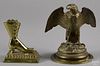 Bronze spread winged eagle inkwell, early 20th c., 7'' h., together with a brass boot match holder