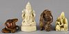 Two Japanese boxwood netsuke, together with a composition figure of a scholar and an ivory figure