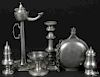 Assorted pewter wares, 18th/19th c., to include a German or Swiss oil lamp, 11 1/4'' h.