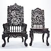 Pair Chinese Export Carved Rosewood Side Chairs
