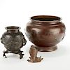 Grp: 3 Japanese Bronze Censers and Vases - Meiji