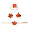 BROOCH, RING AND PAIR OF EARRINGS SET WITH CORALS. 14K YELLOW GOLD