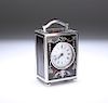 A GEORGE V SILVER AND PIQUE WORK MINIATURE CARRIAGE CLOCK, 