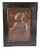 A MUGHAL COPPER PLAQUE, depicting a Prince, signed, framed.