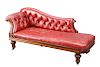 A VICTORIAN MAHOGANY AND LEATHER UPHOLSTERED CHAISE LONGUE,