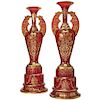 Monumental Pair of Ruby Red Gilt Bohemian "Alhambra" Cut Glass Vases on Stands