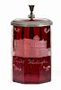 IMPORTANT AMERICO-BOHEMIAN RUBY STAINED TANKARD STEIN WITH AMERICAN VIEW